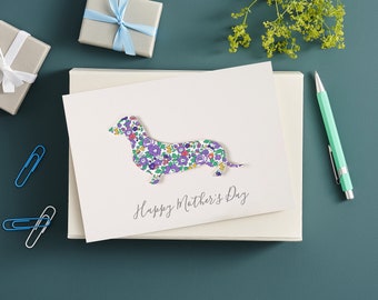 Dachshund Mothers Day card, Sausage Dog Lover Greetings Card For Mum, Card for Her, Personalised Liberty Print Sausage Dog Card