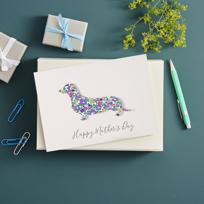 Dachshund Mothers Day card, Sausage Dog Lover Greetings Card For Mum, Card for Her, Personalised Liberty Print Sausage Dog Card image 1