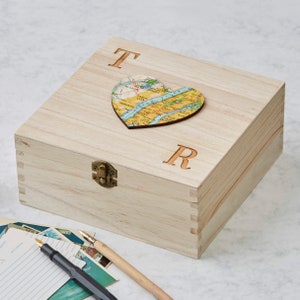 Custom map heart wedding anniversary Keepsake Box- Romantic gift for a couple - personalised monogram memory box