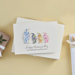 Liberty print penguin Mothers day greetings card for mum or Mom - luxury Personalised penguin card for her