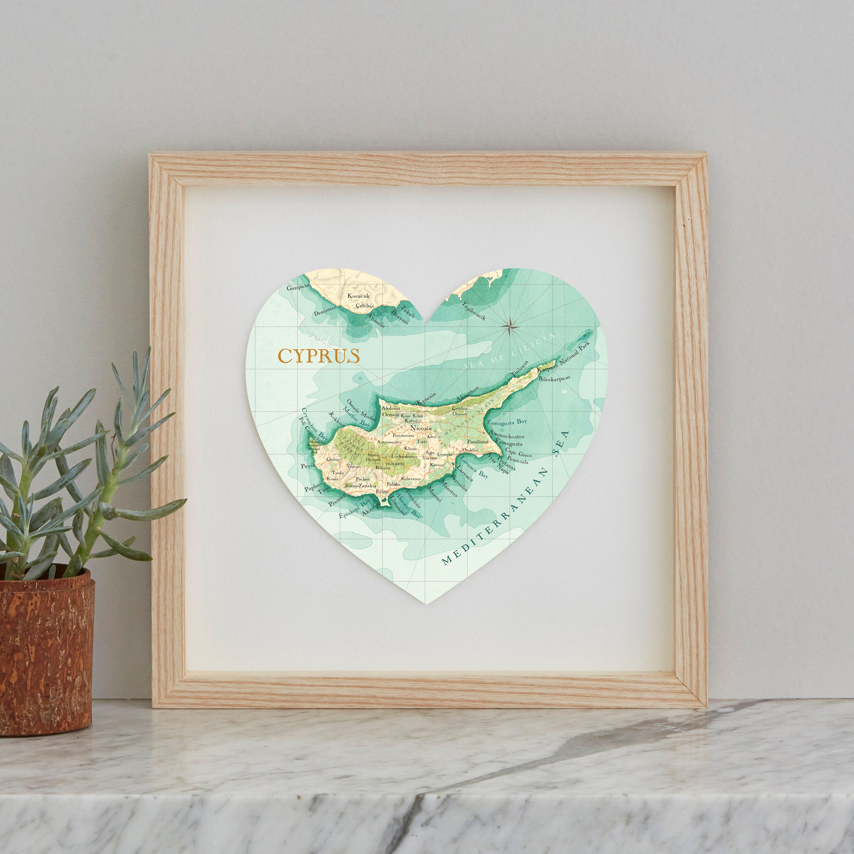 Cyprus Map Heart Print - Custom Framed Print - Bombus Map - Wedding ...