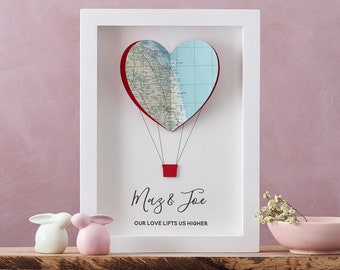 Custom Map Hot Air Balloon Print Valentine's gift, A5 Map Wall Art, Romantic Gift for a Couple