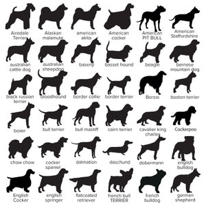 May include: Silhouettes of 36 different dog breeds, including Airedale Terrier, Alaskan Malamute, American Akita, American Cocker Spaniel, American Pit Bull Terrier, American Staffordshire Terrier, Australian Cattle Dog, Australian Shepherd, Basenji, Basset Hound, Beagle, Bernese Mountain Dog, Black Russian Terrier, Bloodhound, Border Collie, Border Terrier, Borzoi, Boston Terrier, Boxer, Bull Terrier, Bull Mastiff, Cairn Terrier, Cavalier King Charles Spaniel, Cockerpoo, Chow Chow, Cocker Spaniel, Dalmatian, Dachshund, Doberman Pinscher, English Bulldog, English Cocker Spaniel, English Springer Spaniel, Flat-Coated Retriever, French Bull Terrier, French Bulldog, German Shepherd.