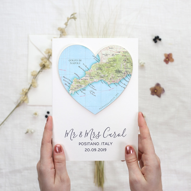 Custom Map Wedding Anniversary Card, Luxury Map Heart Card, Romantic Wedding Card for A Couple, Map wedding Card, Wedding Gift image 3