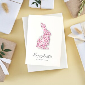 Osterkarte, personalisierte Liberty Print Osterhase Kaninchen-Karte, Osterfrühlingsgrußkarte für Kinder, Kindergeburtstagskarte, neue Babykarte