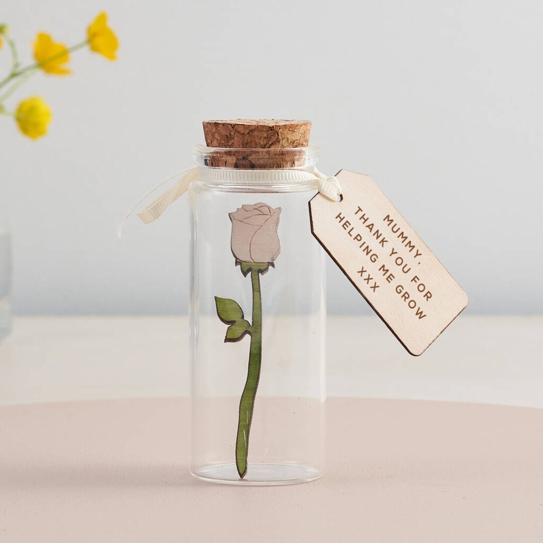 White Rose Flower Bottle With Personalised Message Mothers Etsy