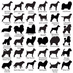 May include: Silhouettes of 25 different dog breeds, including German Pointer, Giant Schnauzer, Golden Retriever, Great Dane, Greyhound, Havanese, Hungarian Vizsla, Irish Setter, Irish Wolfhound, Jack Russell, Japanese Akita, Labrador Retriever, Longhaired Dachshund, Long Coat Chihuahua, Maltese, Mastiff, Miniature Pinscher, Miniature Poodle, Miniature Schnauzer, Newfoundland, Papillon, Pekingese, Pomeranian, Poodle, Portuguese Water Dog, Pug, Rat Terrier, Rhodesian Ridgeback, Rottweiler, Rough Coated Collie, Saint Bernard, Saluki, Samoyed, Scottish Terrier, and Shar Pei.