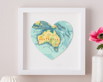 Australia Map Heart Wall Art, Map Print Gift, Wedding Anniversary, Home Decor, Engagement Gift