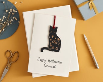 Cat Keepsake Halloween Card, Black cat card, Personalised Handmade Card, Scandi Style, Pussy Cat Breed Decoration Gift