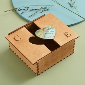 Travel Wedding gift, Personalised Map Heart Location Keepsake Box, Custom Map Travel Gift, Romantic Keepsake Gift, Wedding Anniversary image 1