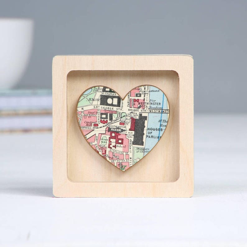 Custom Map Heart Print Miniature Frame- Romantic Valentine, Anniversary & Wedding Keepsake Gift For Him- Personalised Map Print Natural frame