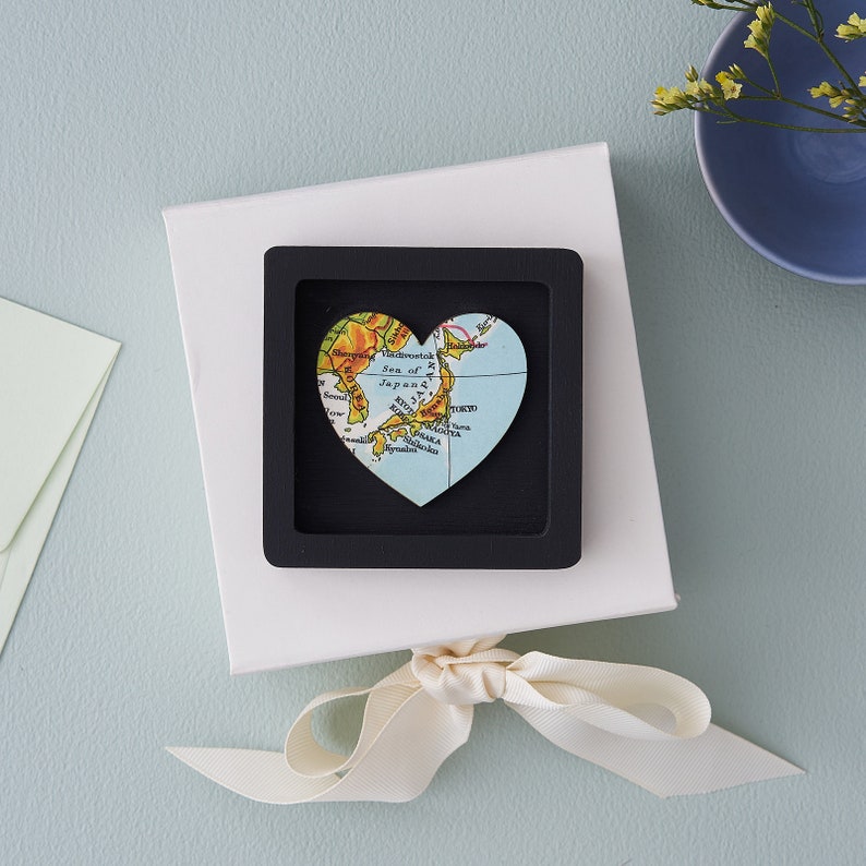 Romantic Gifts For Her, Custom Map Heart Print, Miniature Wall Art Frame, Personalised Valentine's Gift For A Girlfriend Or Wife Black