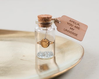 Universe Valentine'S Day Gift - Space Themed Message Bottle, Saturn Planet In A Glass Bottle With Personalised Message - Gift For Him.
