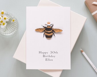 Carte personnalisée du 30e anniversaire, carte d’anniversaire de la reine des abeilles, carte d’abeille de luxe, carte d’anniversaire pour elle, carte d’anniversaire découpée en papier, carte faite à la main