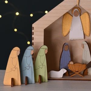 Krippenset, Krippe, Scandi Stil Weihnachtskrippe, handbemalte Krippe, Weihnachtskrippe Set, religiöses Wohndekor Bild 2