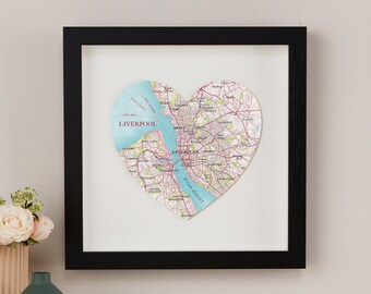 Gerahmte Karte von Liverpool, Herz-Druck, Einweihungsgeschenk für ein Paar, Liverpool Map Gallery Wall Decor