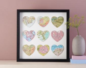 Custom Map Wall Art print, Framed Wall Art Wedding & Anniversary Gift, Nine Map Heart Wall Decor, Personalised Map Frame Gift For Her