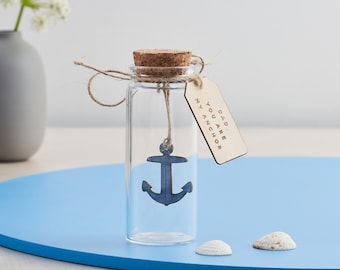 Personalised nautical valentines Message Bottle, Anchor romantic sailing keepsake Message Bottle, Blue Wooden Anchor Nautical Gift for him