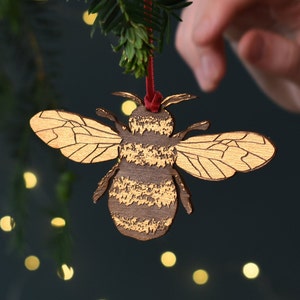 Gold Bumble Bee Christmas Tree decoration, Handpainted personalised hanging Decoration, Holiday tree Decor, Tree Ornament, Bombus Ornament