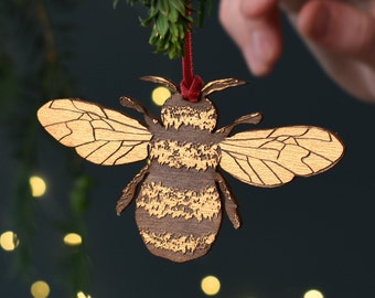 Gold Bumble Bee Christmas Tree decoration, Handpainted personalised hanging Decoration, Holiday tree Decor, Tree Ornament, Bombus Ornament