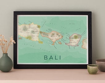 Bali Map Print, Bali Indonesia Travel Print, Anniversary Map Gift, World travel Wall Art, Watercolour Map, Lombok Bali Map Illustration