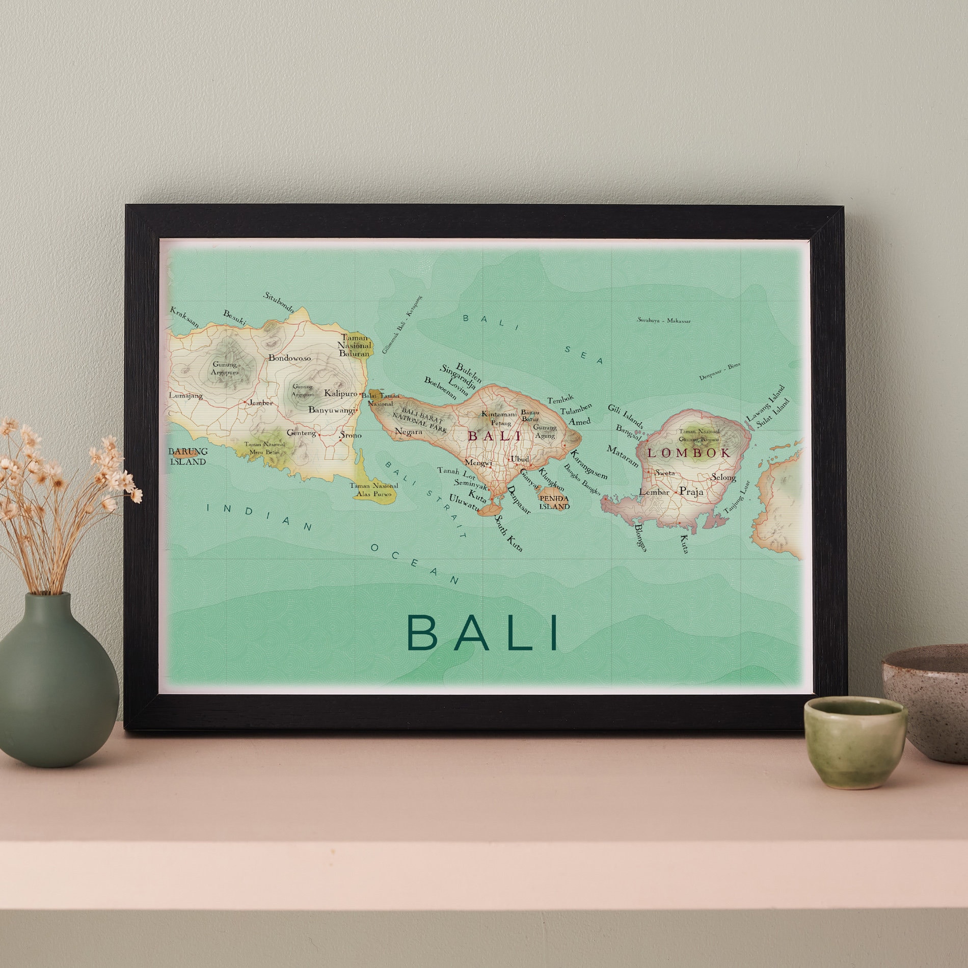 Bali Map Print, Bali Indonesia Travel Print, Anniversary Map Gift, World travel Wall Art, Watercolour Map, Lombok Bali Map Illustration