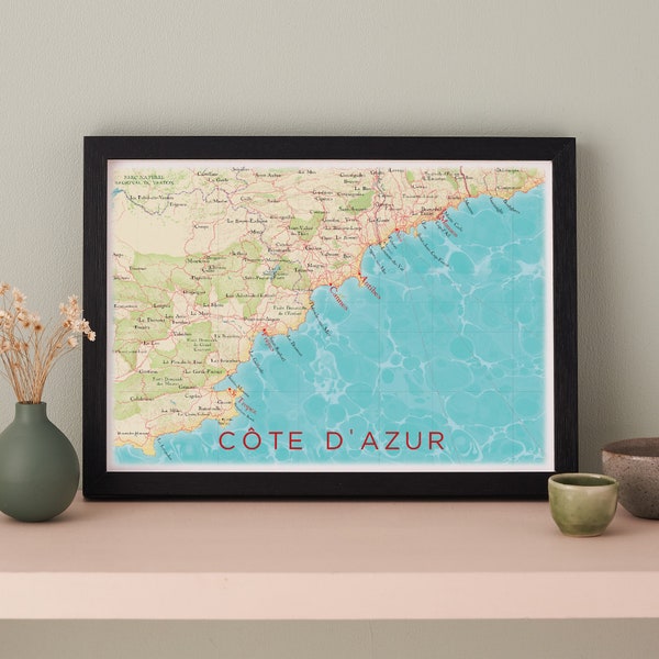 FRAMED Côte d'Azur Map Print, French Riviera Map, Wall Art Decor, South France Travel Gift, San Tropez, Cannes, Antibes, Monaco Illustration