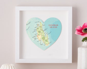 Zanzibar Map Heart Print, Wedding anniversary Gift, Wall Art Print, New Home Wall Art Gift