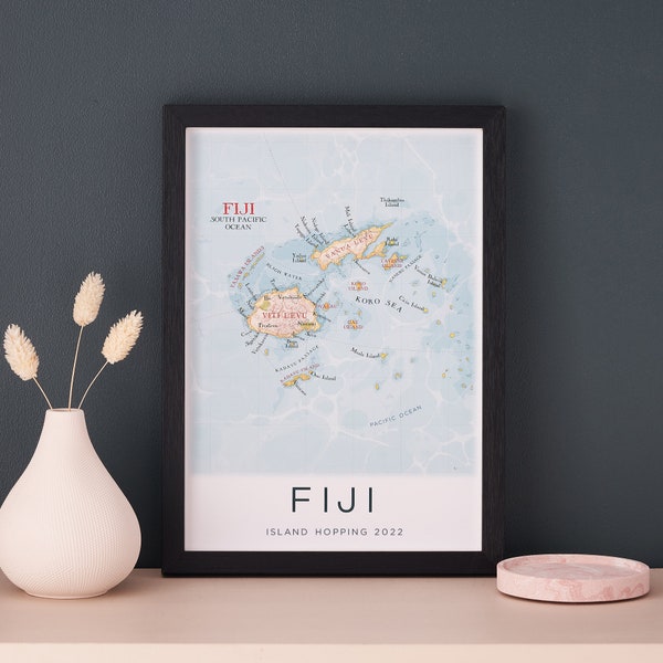 FRAMED Fiji Poster, Fiji Map Print Artwork, Bathroom Wall Art, South Pacific Poster, Fijian Islands, Fiji Honeymoon Travel Location