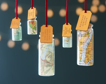 Custom Map Gift, Christmas Bauble Message Bottle, Personalised Map In A Bottle Hanging Decoration, World Map Gift, Keepsake Gift For Him