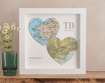 Two custom map heart print for a couple - In love since personalised valentines, Anniversary or wedding gift for wife- valentine's gift