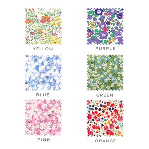 May include: Six fabric swatches with different floral patterns in yellow, purple, blue, green, pink, and orange.