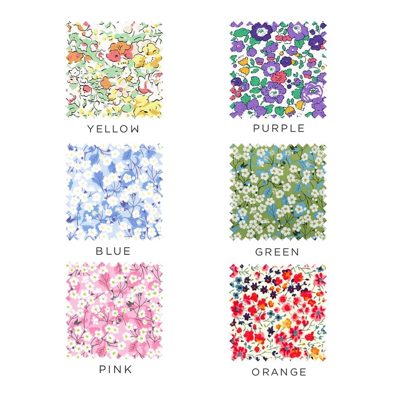 May include: Six fabric swatches with different floral patterns in yellow, purple, blue, green, pink, and orange.