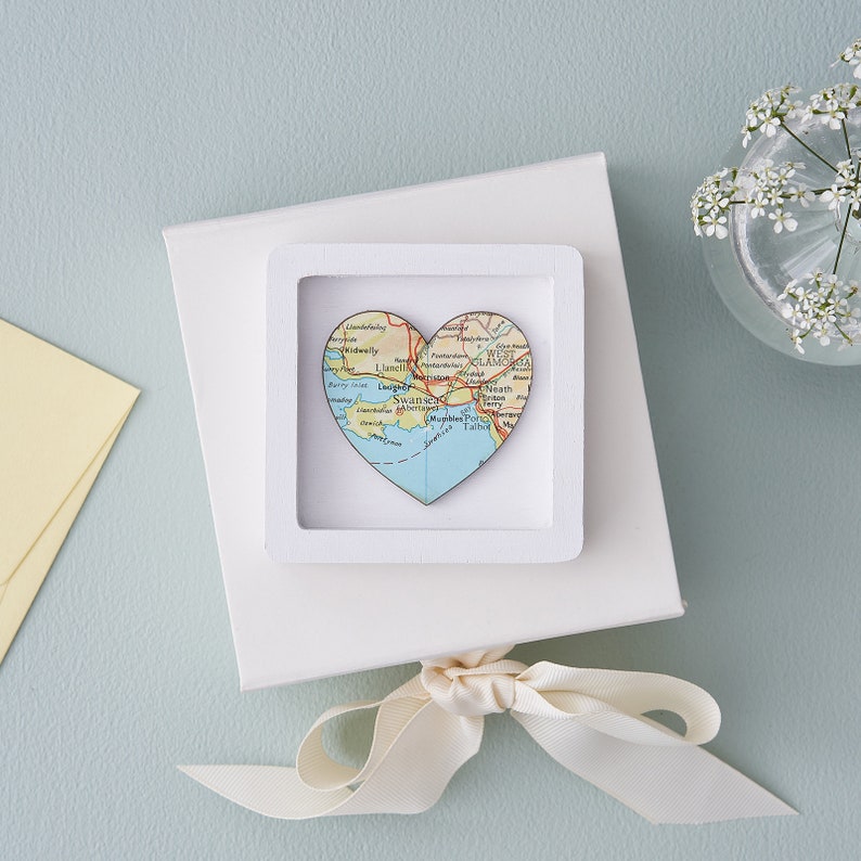 Romantic Gifts For Her, Custom Map Heart Print, Miniature Wall Art Frame, Personalised Valentine's Gift For A Girlfriend Or Wife White Frame