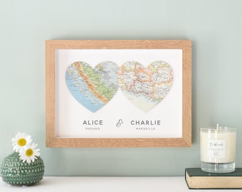 Custom Map Hearts Anniversary Wall Art, Couples Gift,  Wedding Anniversary Gift, Romantic Gift for Her