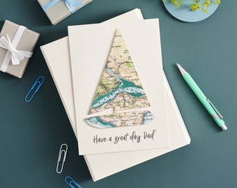 Fathers Day card, Custom Map Boat Card, Personalised map Sailing Boat Card For Dad, Personalized Birthday Card For Dad