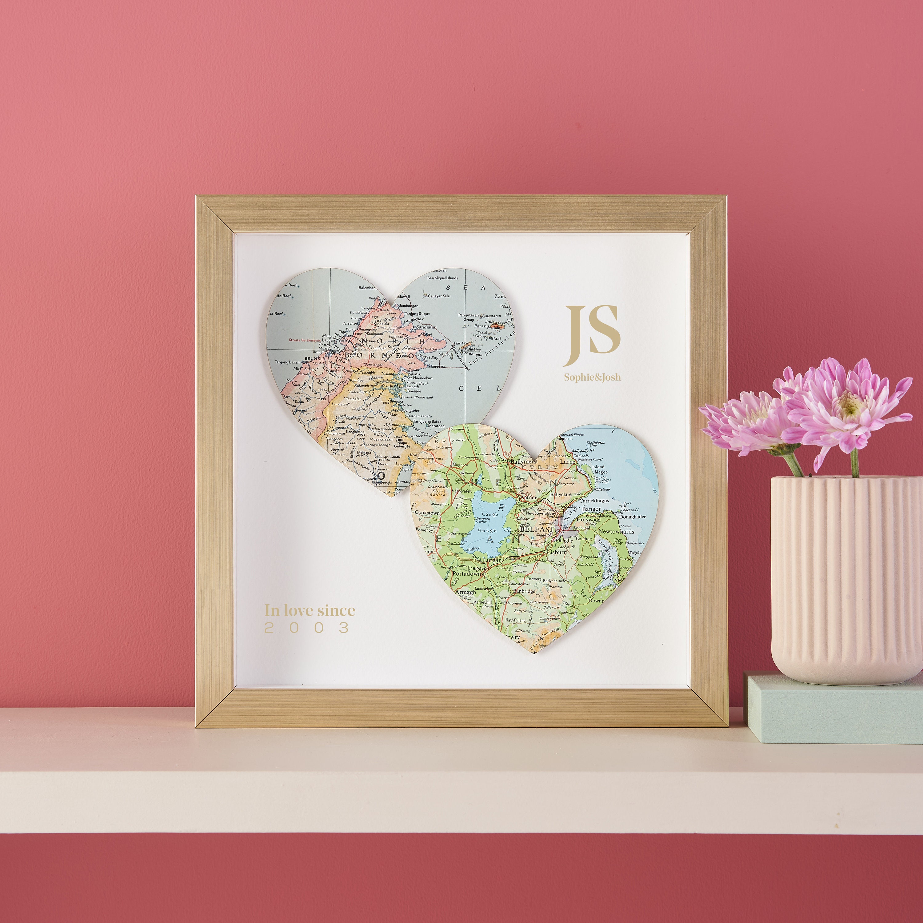 Golden Wedding Anniversary Map Hearts Wall Art Print - in Love Since Personalised Anniversary Or Gif