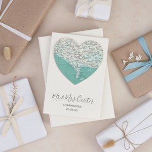Custom Map Wedding Anniversary Card, Luxury Map Heart Card, Romantic Wedding Card for A Couple, Map wedding Card, Wedding Gift image 1