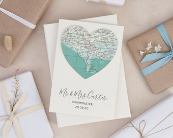 Cartão de aniversário de casamento com mapa personalizado, cartão de coração com mapa de luxo, cartão de casamento romântico para um casal, cartão de casamento com mapa, presente de casamento