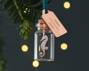 Seahorse Christmas Bauble, Keepsake Christmas Tree Decor, Personalised Message Bottle, Ocean Sea Creature Christmas Gift, Holiday Ornament