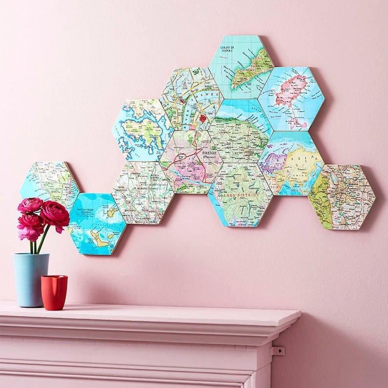 Custom Map Gift Map Wall Art Hexagon map wall art block Personalised Home Decor Gift For A Couple modern Home Office Decor image 2