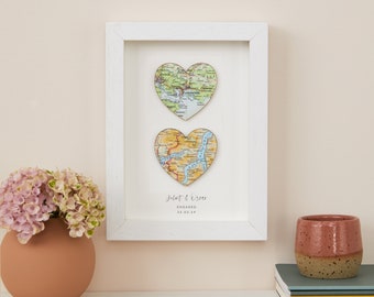 Engagement Gift For Her, Two Custom Map Hearts, Wall Art Print Romantic Couples Gift, Personalised Anniversary Gift