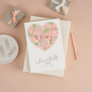 Tarjeta de aniversario de boda de mapa personalizado, tarjeta de corazón de mapa de lujo, tarjeta de boda romántica para una pareja, tarjeta de boda, regalo de boda