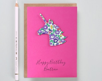 Children's unicorn Birthday greetings card - Personalised liberty print kids Birthday Card - 3d handmade unicorn greeting card for a girl