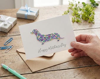 Dachshund Mothers Day card, Sausage Dog Lover Greetings For Mum, Personalised Liberty Print
