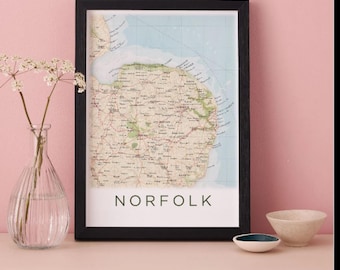 Norfolk Map Poster, Norfolk Wall Art, Poster Print, Gallery Wall Art, Watercolour Map, Illustrated Map Of Norfolk, Wall Art Decor Gift