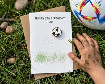 Personalised Child's Birthday Card for Football Fan, Handmade 3D Wooden Soccer Ball, Custom Name Age Card, Little Star Player Of the Match
