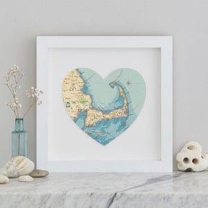 Cape Cod Map Wall Decor Druck, Massachusetts, gerahmte Wandkunst, Map Heart, Hochzeitstag Paare Geschenk für Sie