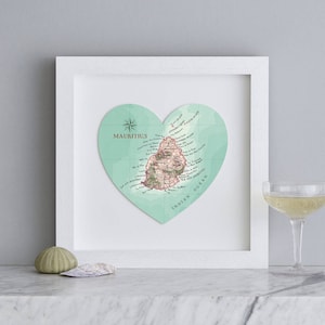Mauritius kaart hart print - geïllustreerde huwelijksreiskaart van Mauritius in de Indische Oceaan - huwelijksverjaardag koppels cadeau
