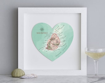 Mauritius map heart print - illustrated honeymoon map of Mauritius in the indian ocean - Wedding anniversary couples gift